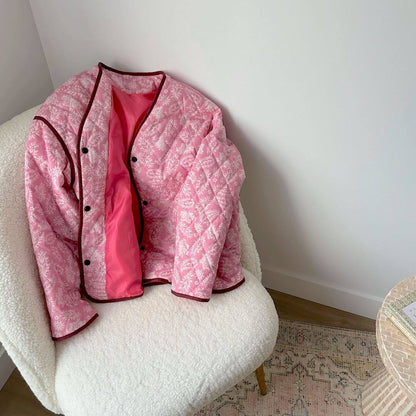 Giacca Trapuntata Rosa a Fiori da Donna, Oversize-Modaso