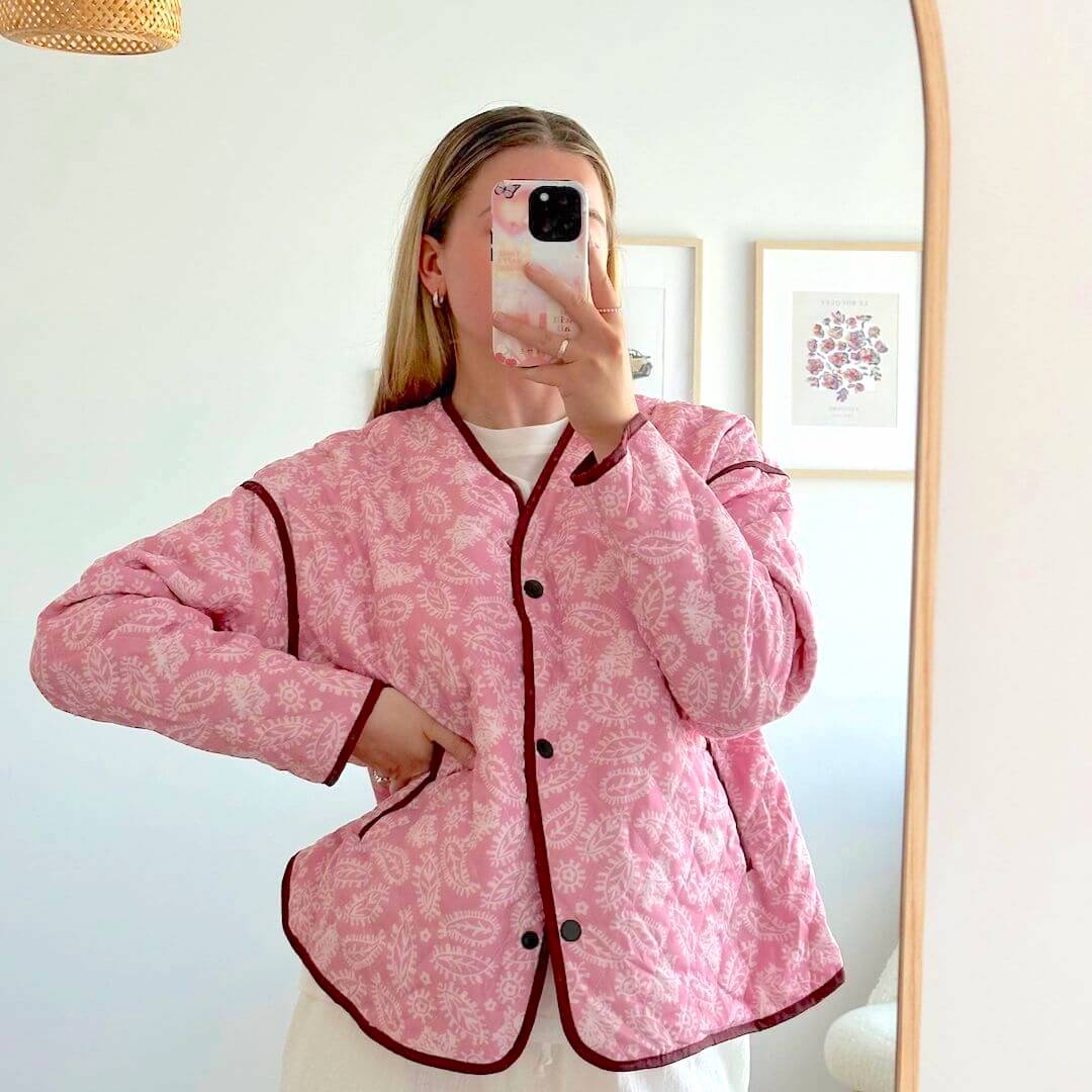 Giacca Trapuntata Rosa a Fiori da Donna, Oversize-S-Modaso