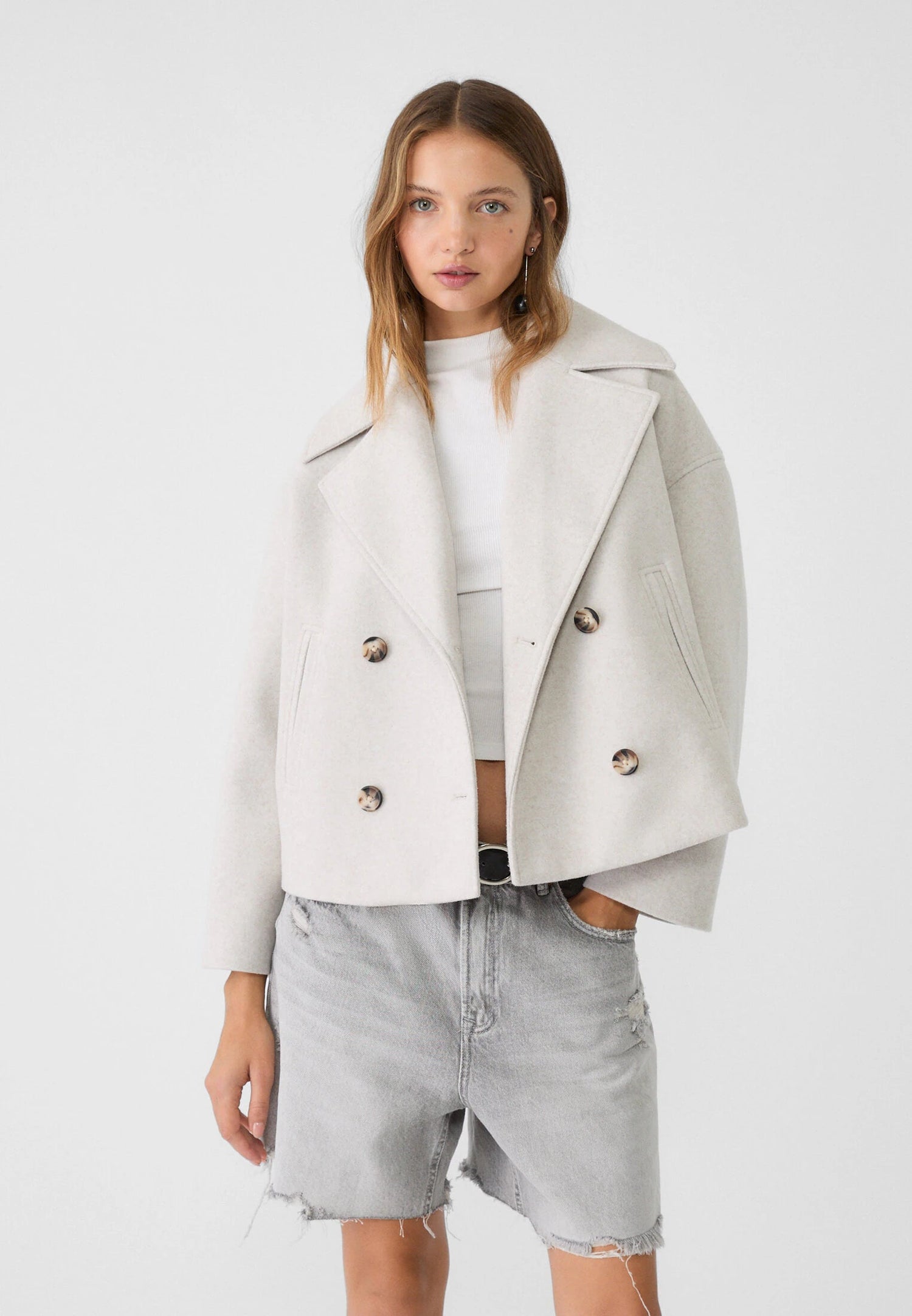 Giacca corta in lana - Doppiopetto - Oversize - Cappotto in misto lana - Cappotto da donna in lana-Beige-S-Modasso