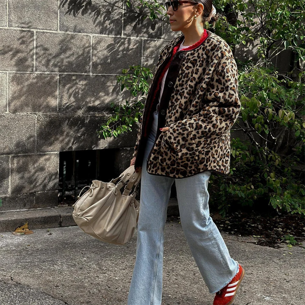 Giacca estiva, Stampa leopardata, Scollatura rotonda, Giacca oversize, Giacche da donna-Modaso