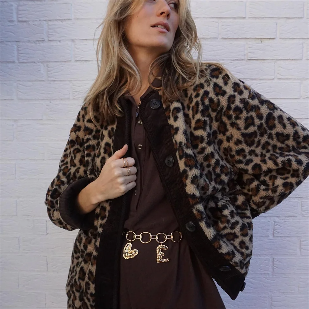 Giacca estiva, Stampa leopardata, Scollatura rotonda, Giacca oversize, Giacche da donna-Modaso