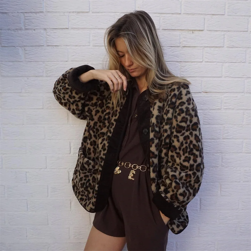 Giacca estiva, Stampa leopardata, Scollatura rotonda, Giacca oversize, Giacche da donna-Modaso