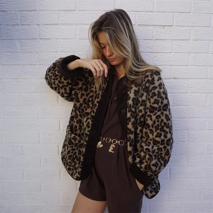 Giacca estiva, Stampa leopardata, Scollatura rotonda, Giacca oversize, Giacche da donna-Modaso