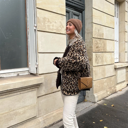 Giacca estiva, Stampa leopardata, Scollatura rotonda, Giacca oversize, Giacche da donna-Modaso
