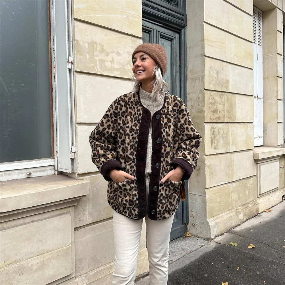 Giacca estiva, Stampa leopardata, Scollatura rotonda, Giacca oversize, Giacche da donna-Modaso