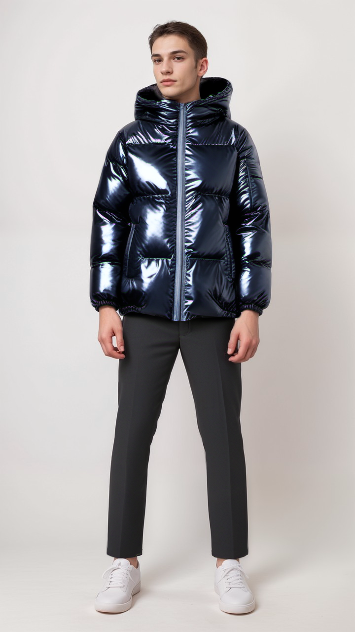 Giacca imbottita - Giacca invernale da uomo - Giacca lucida - Giacca imbottita - Con cappuccio-Blu scuro-M-Modasso