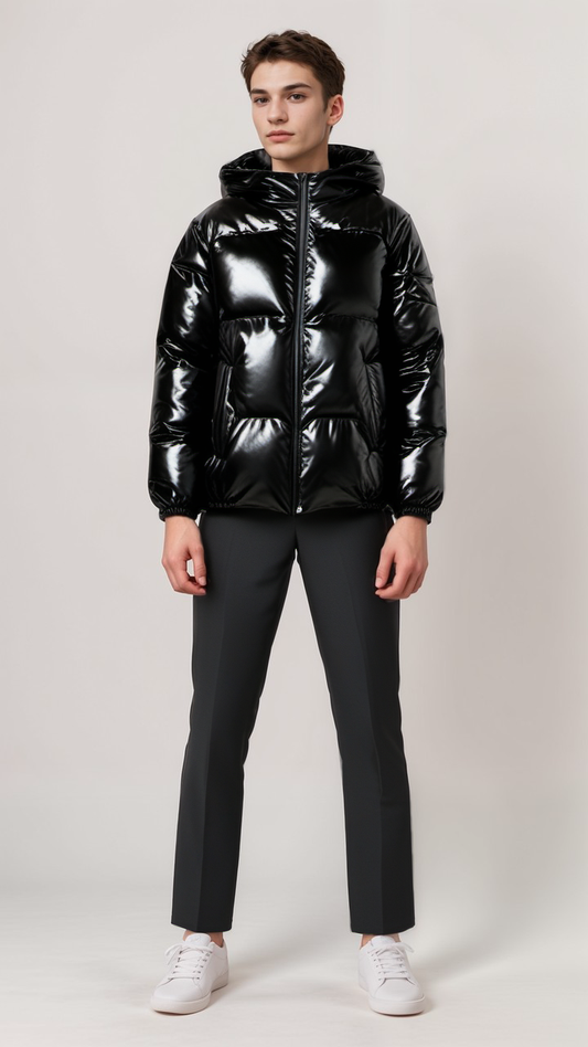 Giacca imbottita - Giacca invernale da uomo - Giacca lucida - Giacca imbottita - Con cappuccio-Nero-M-Modasso