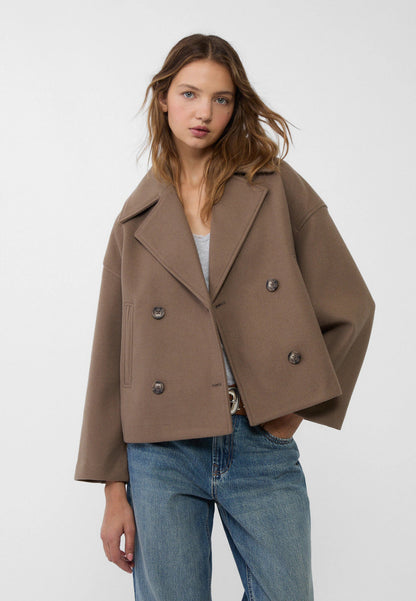 Giacca in misto lana - Oversize - Doppiopetto - Giacca corta in lana - Cappotto in lana da donna-Marrone-S-Modasso