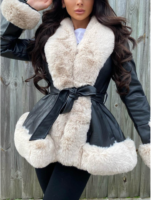 Giacca invernale - Giacca da donna in pelle e pelliccia sintetica con cintura-Nero - Crema-S-Modasso