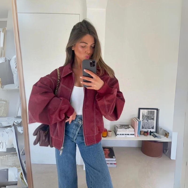 Jacky- Giacca Oversize con Cuciture a Contrasto Rosso-Modaso