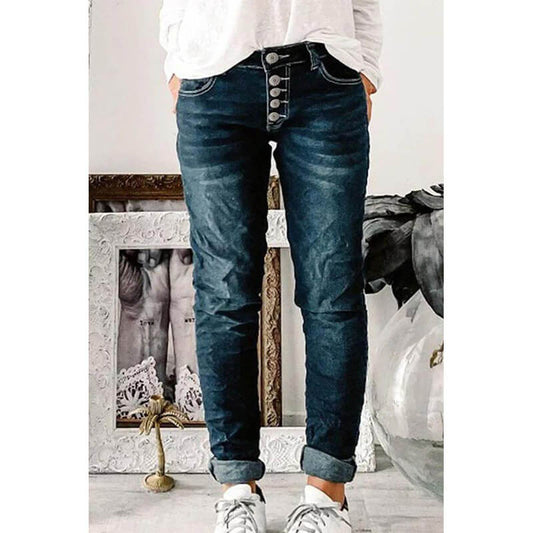 Jeans Skinny | Blu Scuro | Bottoni | Jeans a vita bassa | Jeans da donna-XS-Modasso