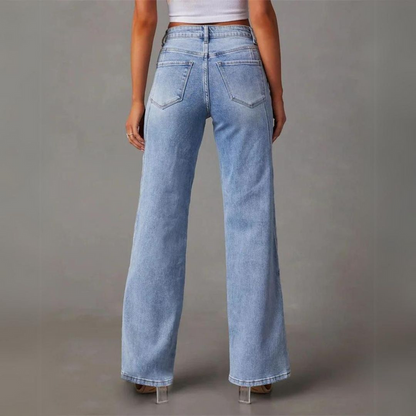 Jeans a Zampa, Azzurro, Gamba Larga, Vita Alta, Jeans da Donna-Modaso