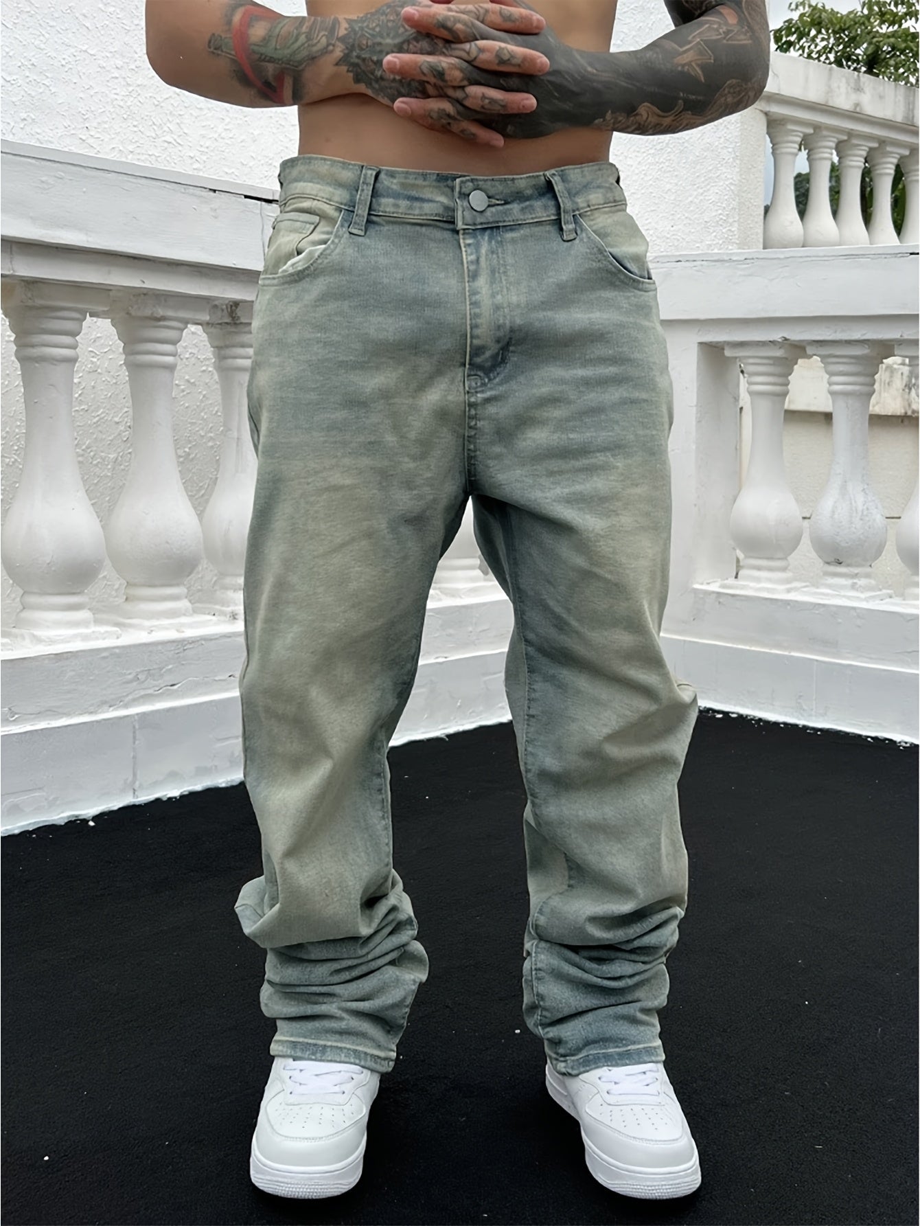 Jeans da Uomo, Baggy, Lavaggio Vintage, Gamba Larga-Azzurro Chiaro-S-Modaso
