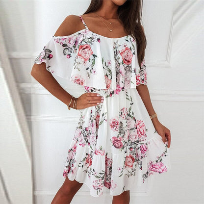 Lea Vestito Floreale, Mostra il tuo lato femminile con il nostro elegante miniabito con volant-Bianco avorio-S-Modaso