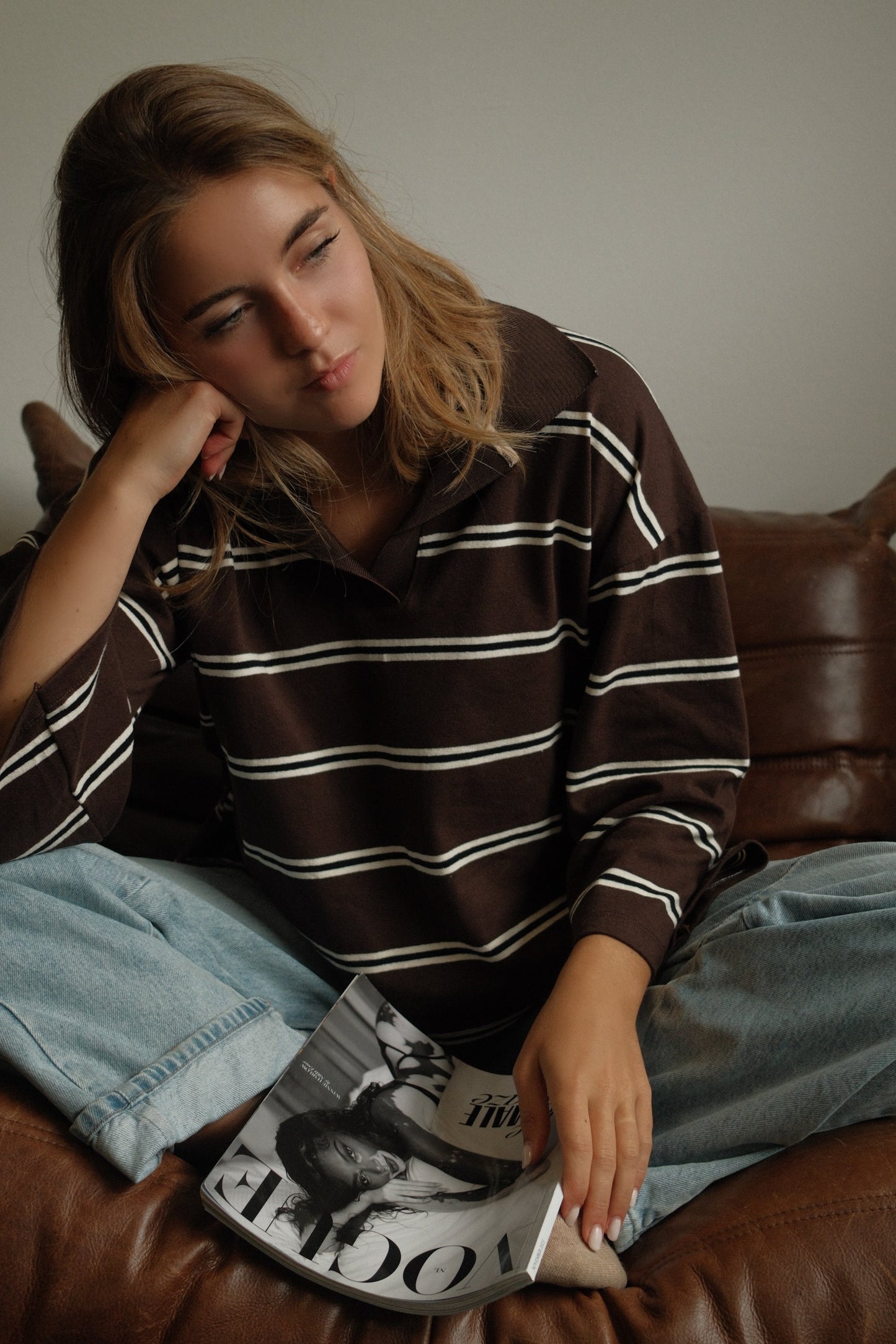 MAGLIONE POLO DONNA MARRONE A RIGHE-Modaso