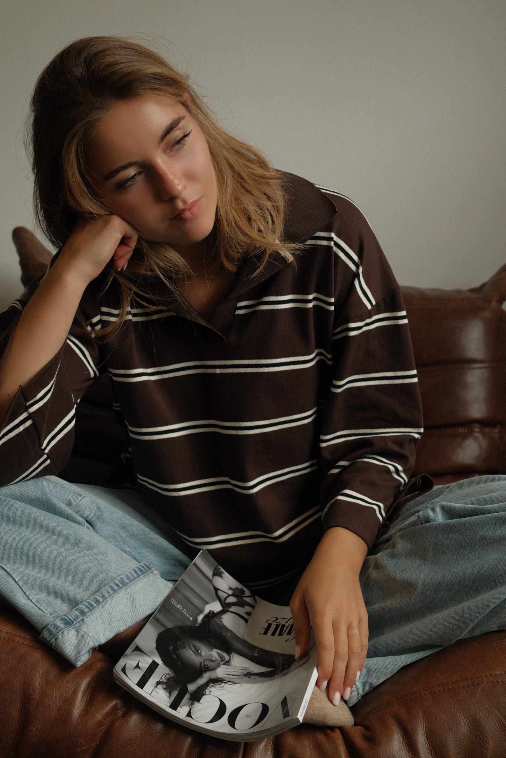 MAGLIONE POLO DONNA MARRONE A RIGHE-Modaso