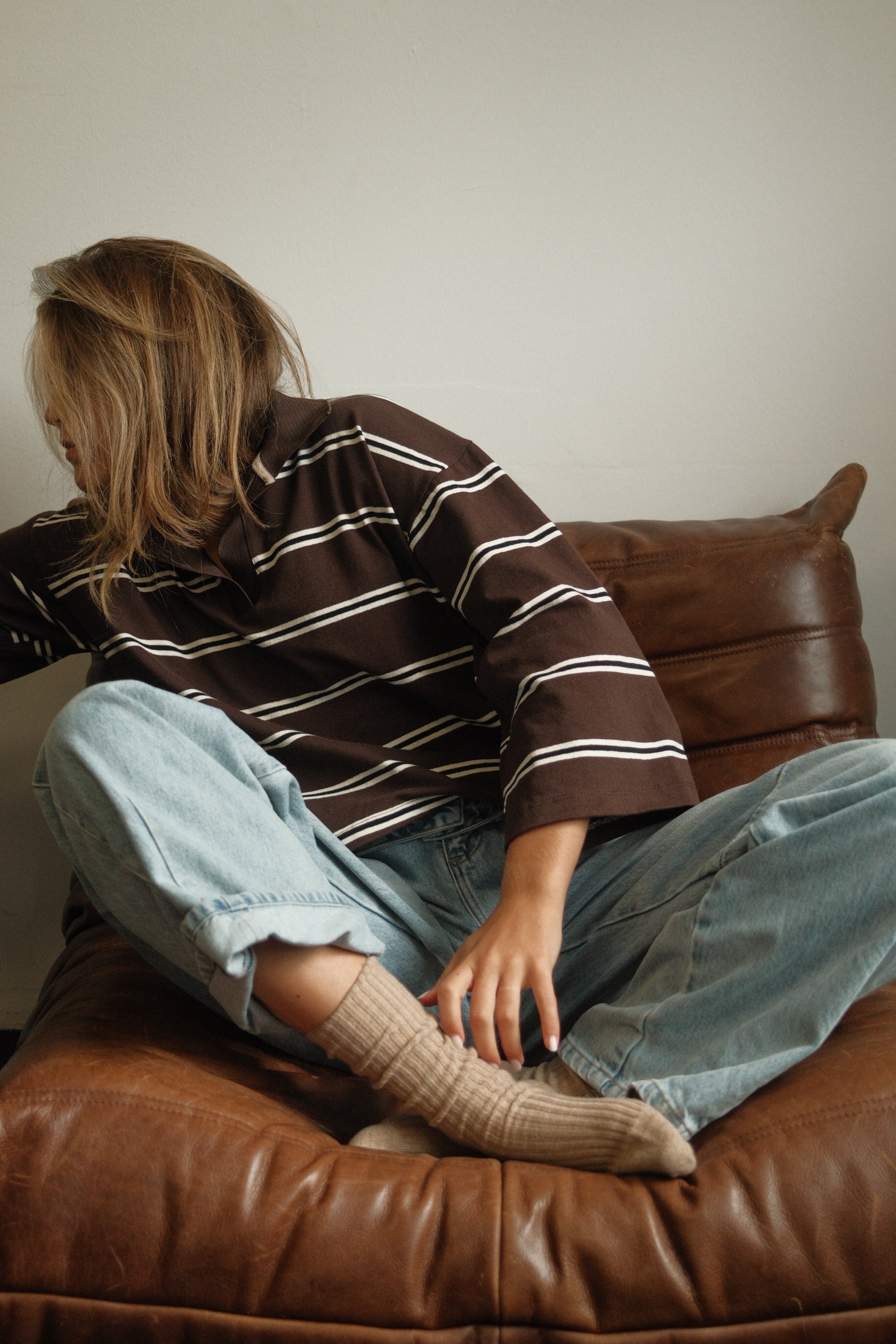 MAGLIONE POLO DONNA MARRONE A RIGHE-Modaso