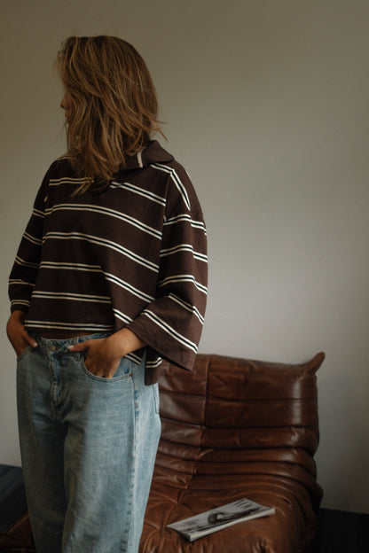 MAGLIONE POLO DONNA MARRONE A RIGHE-Modaso