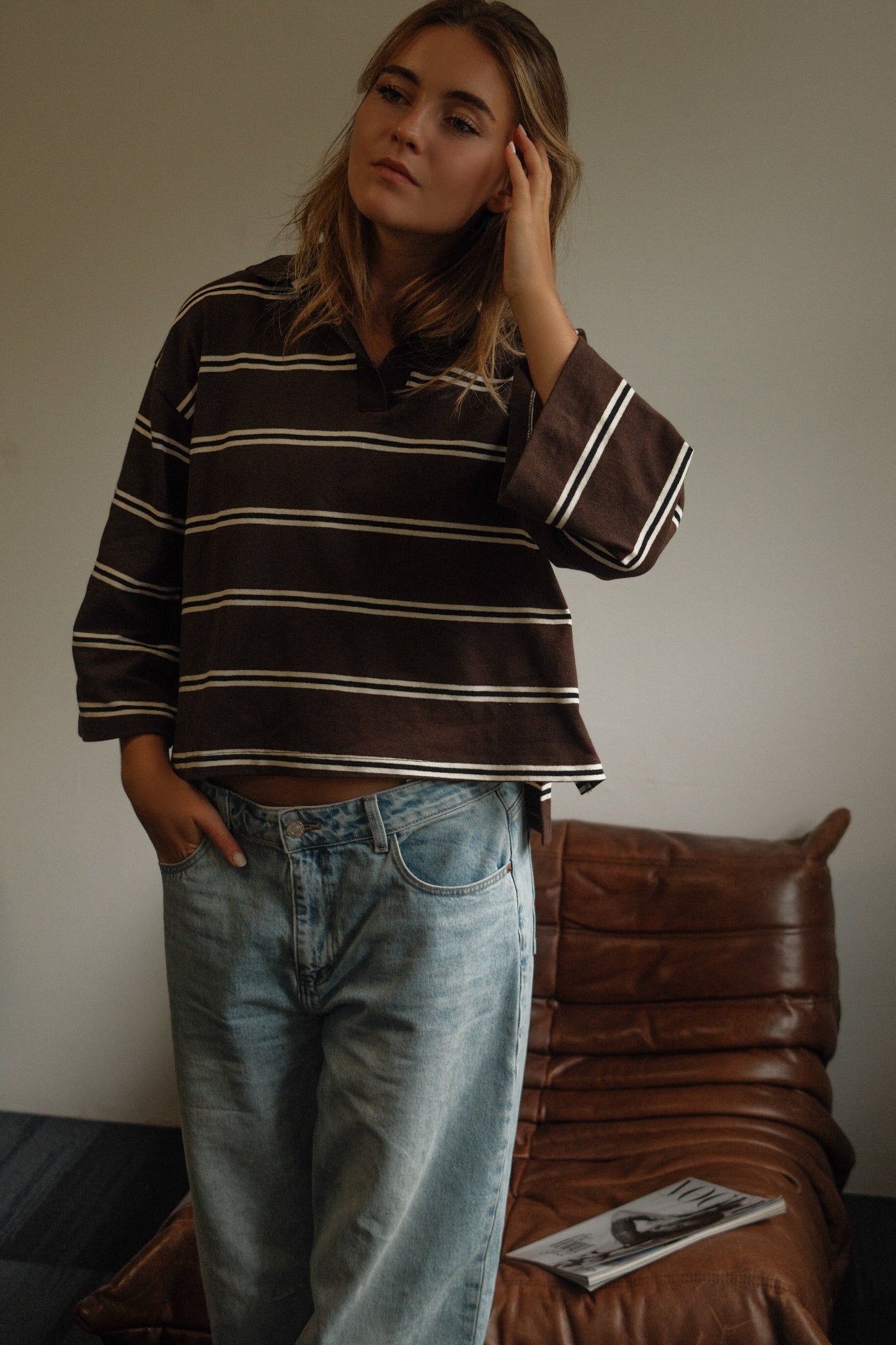 MAGLIONE POLO DONNA MARRONE A RIGHE-Modaso