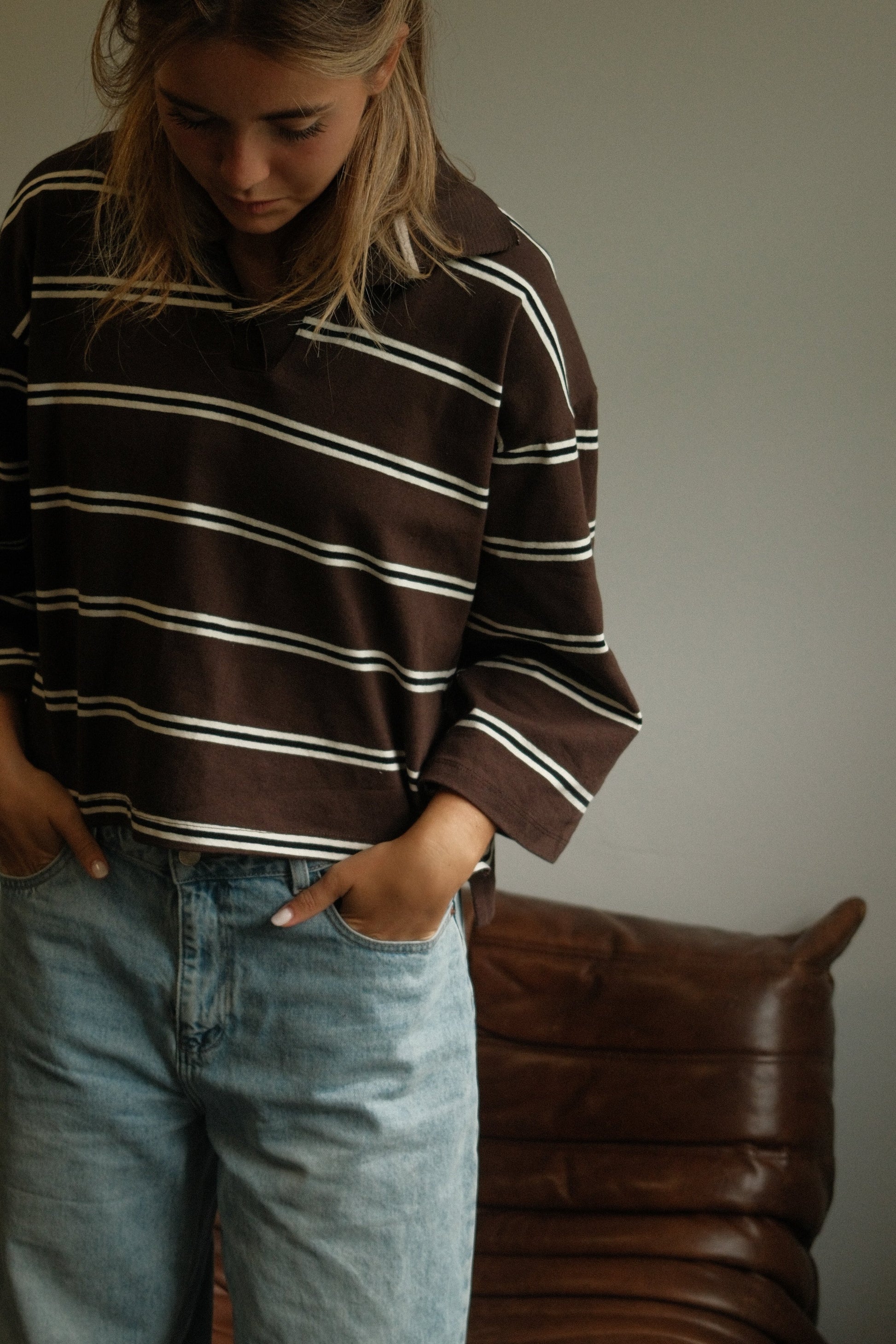 MAGLIONE POLO DONNA MARRONE A RIGHE-Modaso