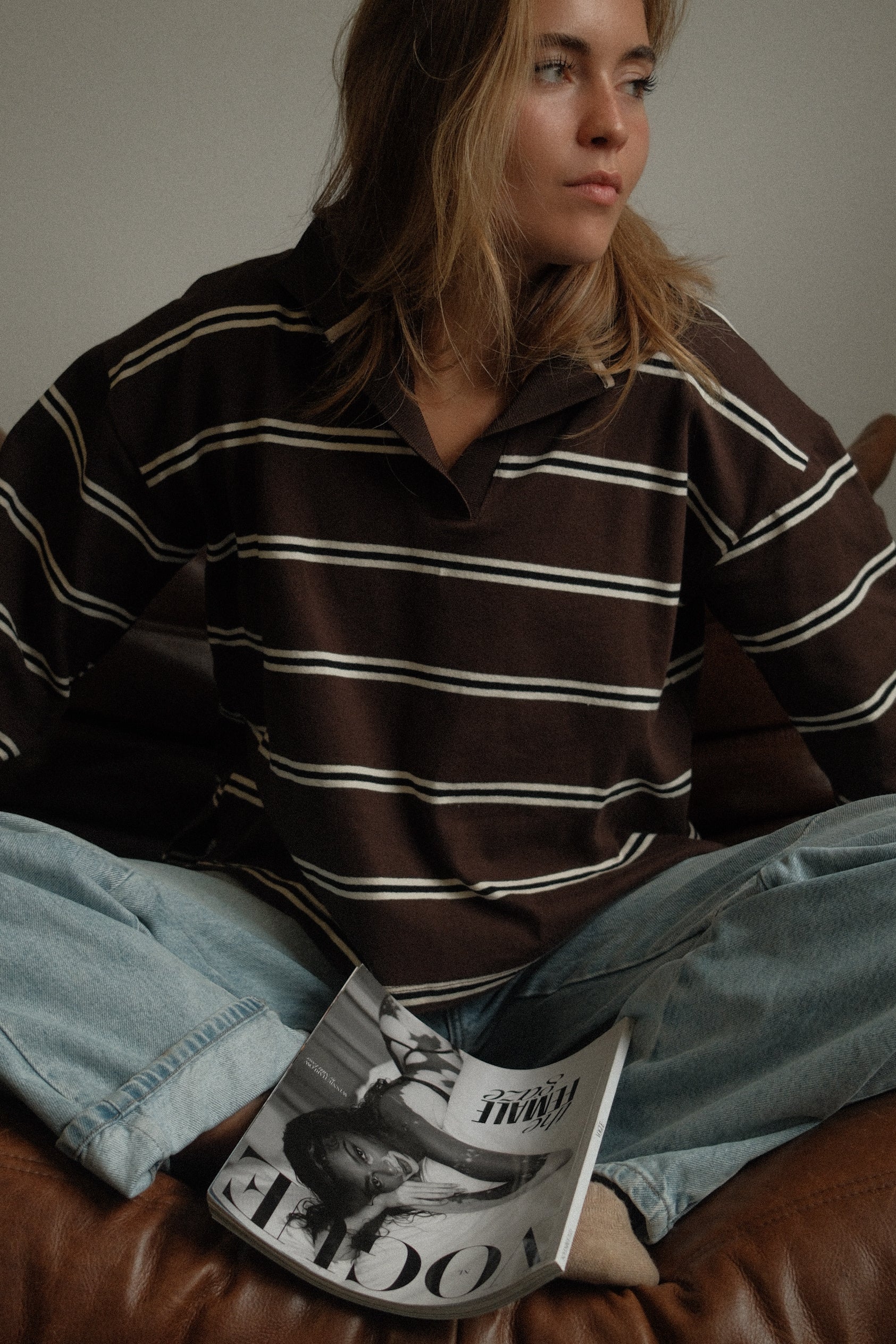 MAGLIONE POLO DONNA MARRONE A RIGHE-Modaso