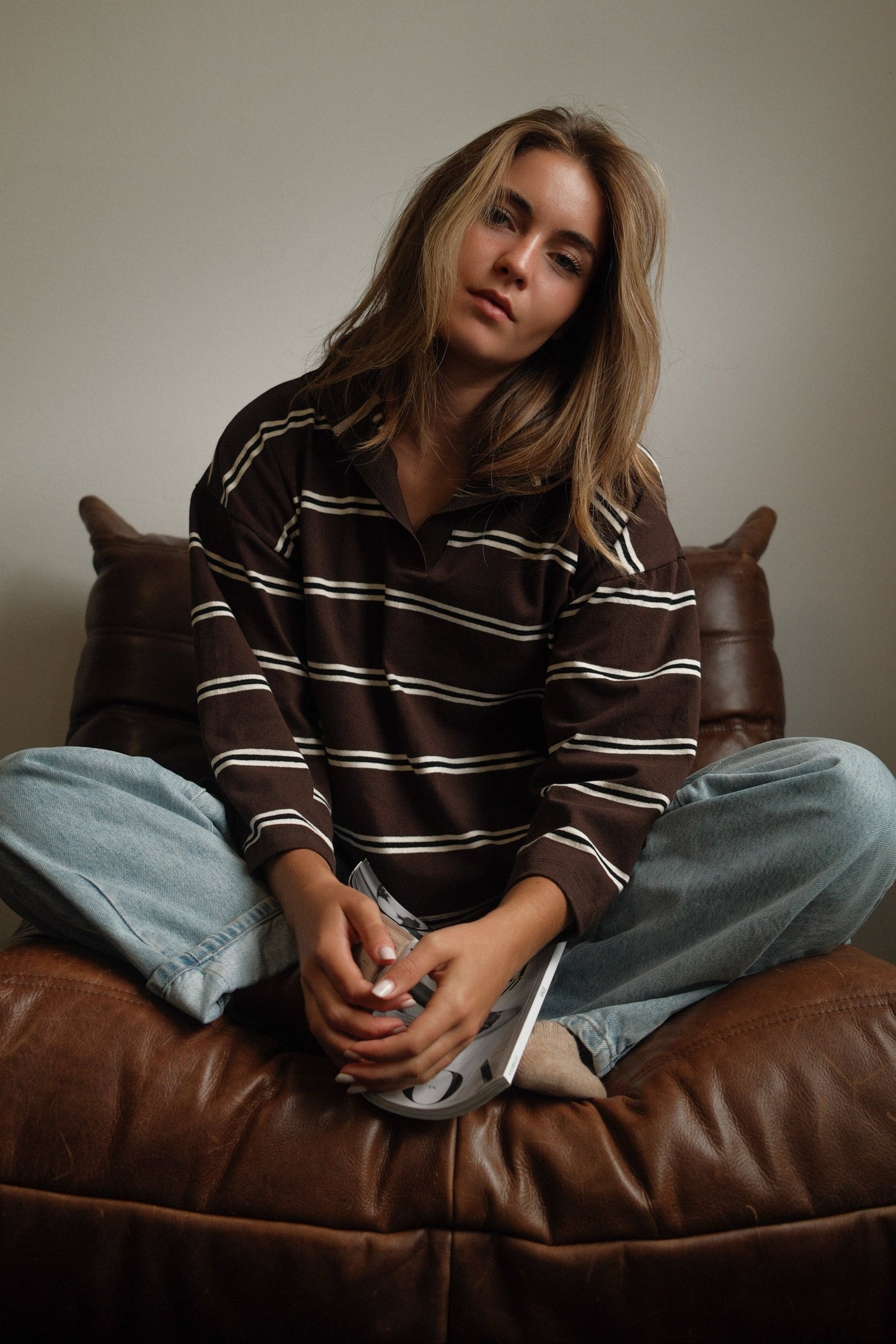 MAGLIONE POLO DONNA MARRONE A RIGHE-Modaso