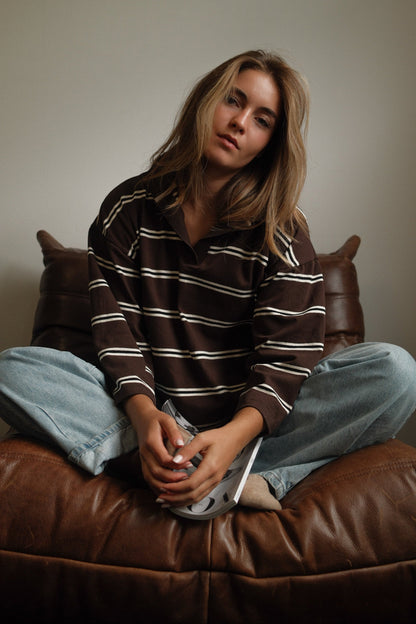 MAGLIONE POLO DONNA MARRONE A RIGHE-Modaso