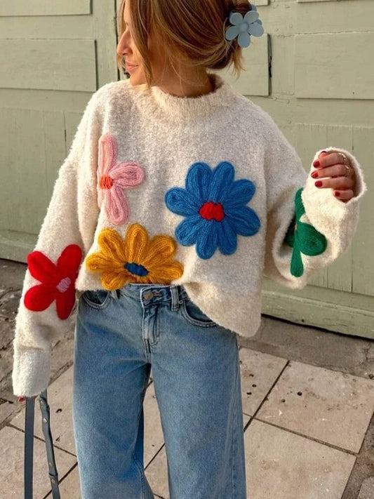 Maglia - Maglione a collo alto da donna a fiori bianchi-S-Modasso