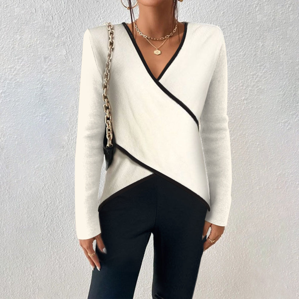 Maglione con scollo a V | Asimmetrico | Maniche lunghe | Maglione con scollo a V | Abbigliamento donna-Bianco-S-Modasso