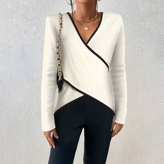 Maglione con scollo a V | Asimmetrico | Maniche lunghe | Maglione con scollo a V | Abbigliamento donna-Bianco-S-Modasso