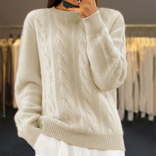 Maglione lavorato a maglia - Maglione da donna caldo a girocollo in maglia a cavo-Beige-S-Modasso