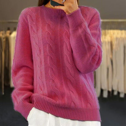 Maglione lavorato a maglia - Maglione da donna caldo a girocollo in maglia a cavo-Rosa scuro-S-Modasso