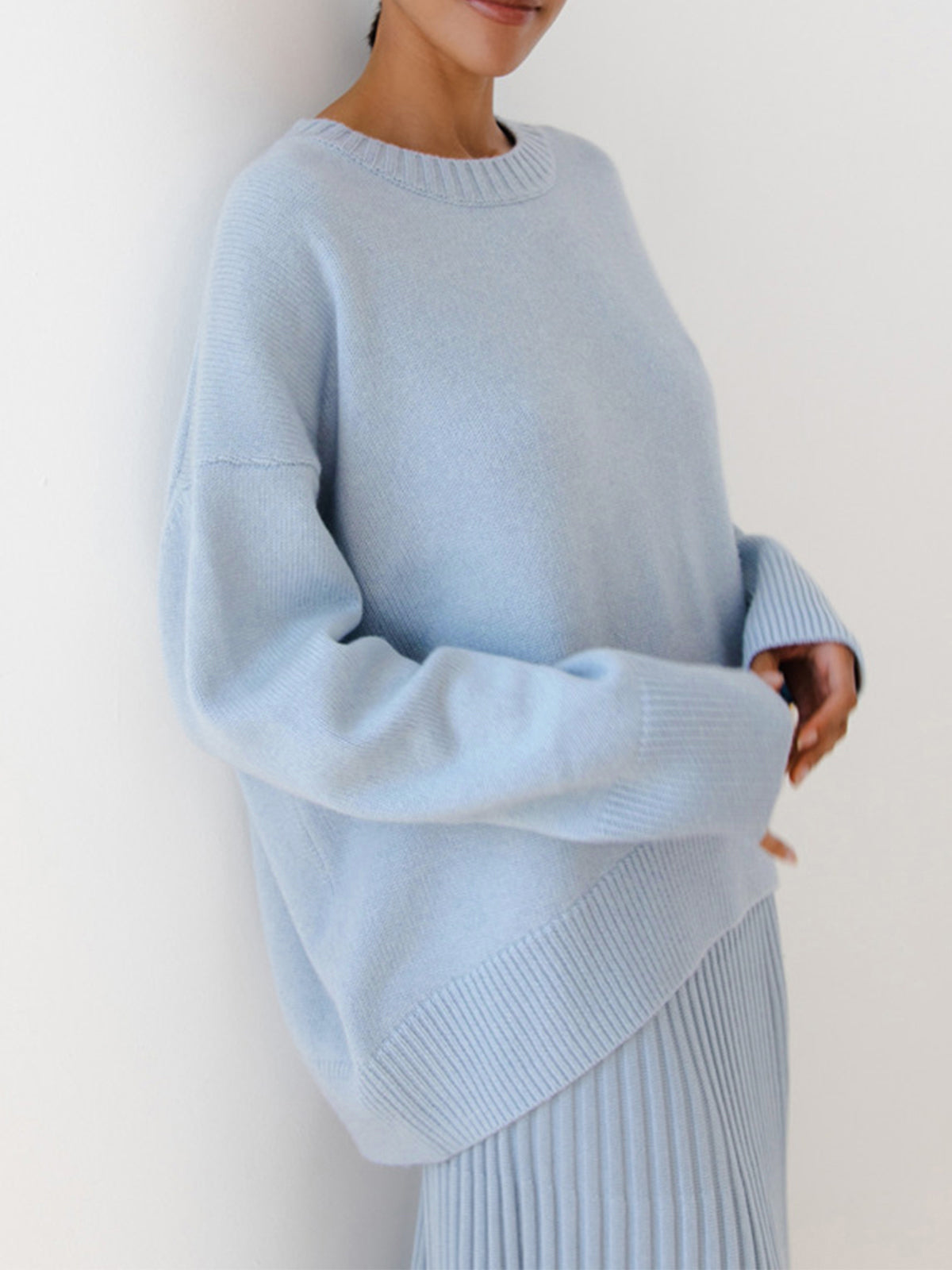 Maglione oversize - Maglione caldo a girocollo da donna-Azzurro-S-Modasso