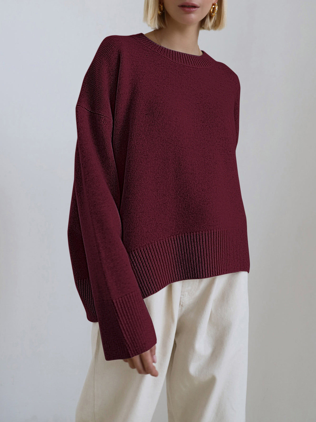 Maglione oversize - Maglione caldo a girocollo da donna-Borgogna-S-Modasso