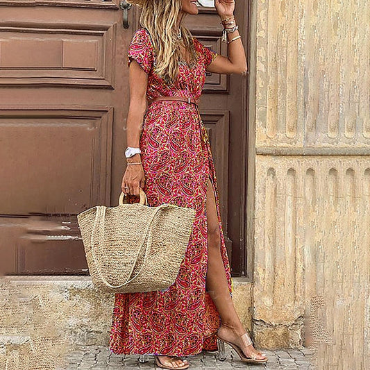 Merel, Abito Boho, Vintage Paisley Maxiabito-Rosso-S-Modaso