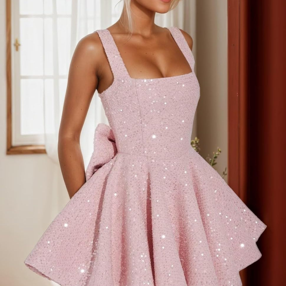 Mini Abito con Paillettes, Senza Maniche, con Fiocco-Modaso