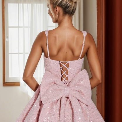 Mini Abito con Paillettes, Senza Maniche, con Fiocco-Modaso