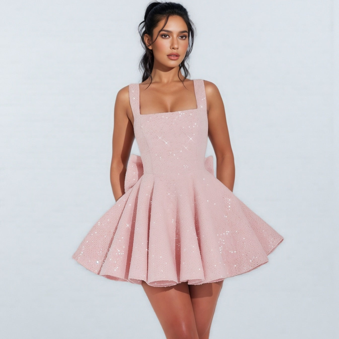 Mini Abito con Paillettes, Senza Maniche, con Fiocco-Modaso