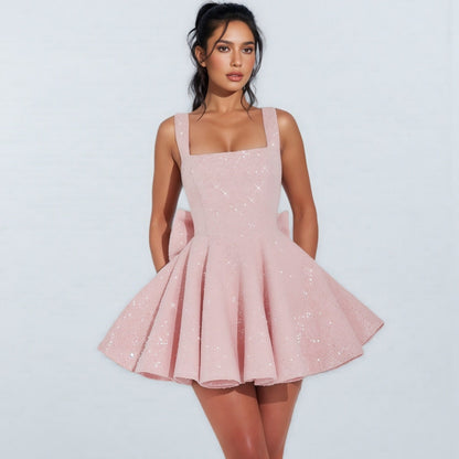 Mini Abito con Paillettes, Senza Maniche, con Fiocco-Modaso