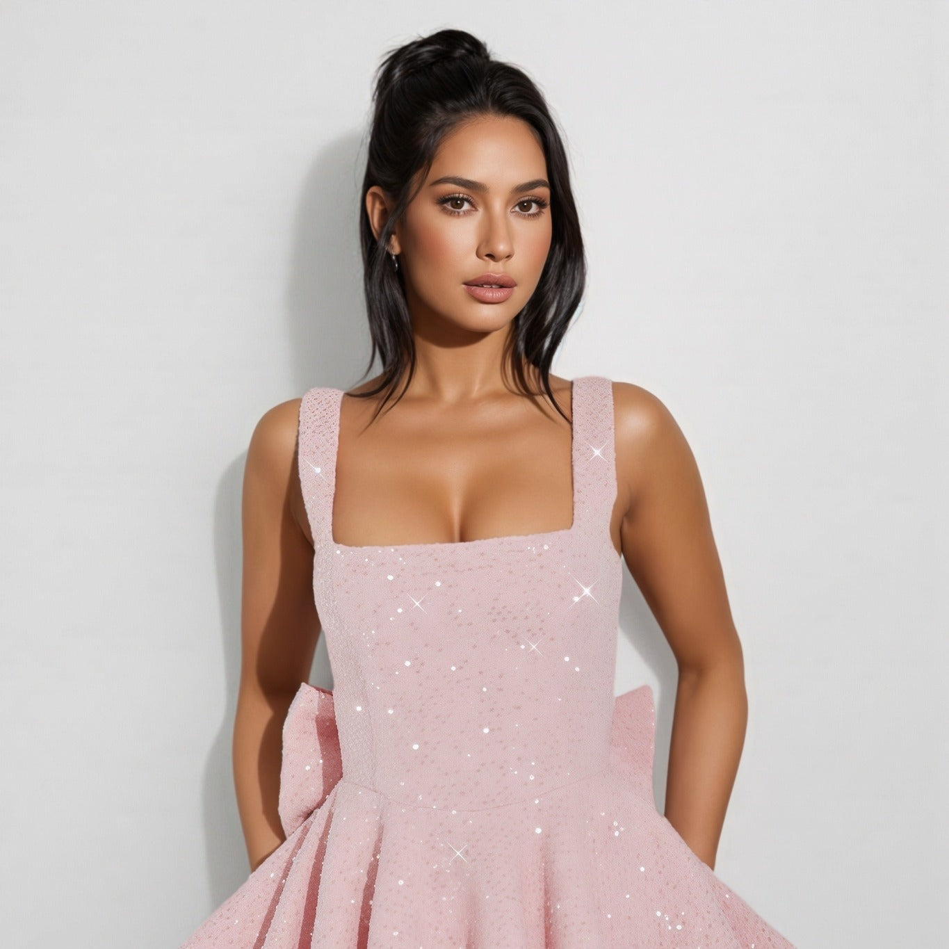 Mini Abito con Paillettes, Senza Maniche, con Fiocco-Modaso