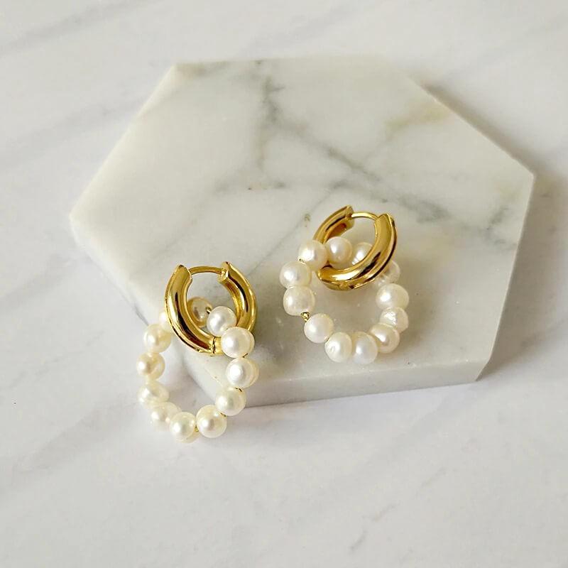 Orecchini a Doppio Cerchio con Perle, Placcati Oro 18K-Modaso
