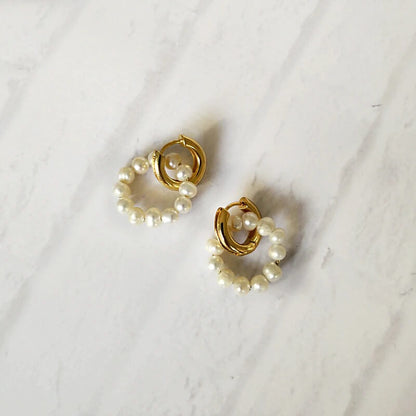 Orecchini a Doppio Cerchio con Perle, Placcati Oro 18K-Modaso