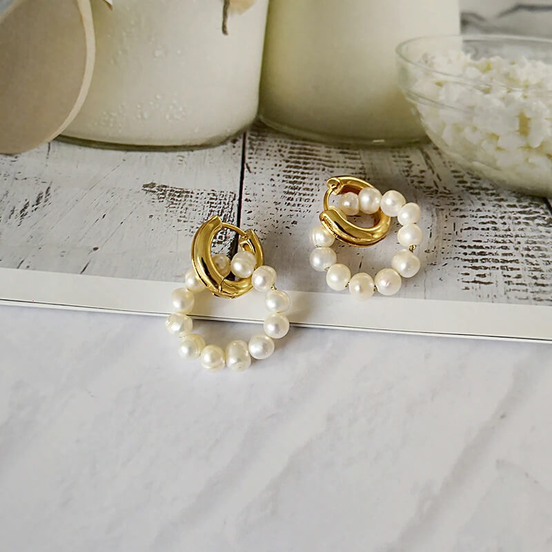 Orecchini a Doppio Cerchio con Perle, Placcati Oro 18K-Modaso