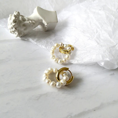 Orecchini a Doppio Cerchio con Perle, Placcati Oro 18K-Modaso