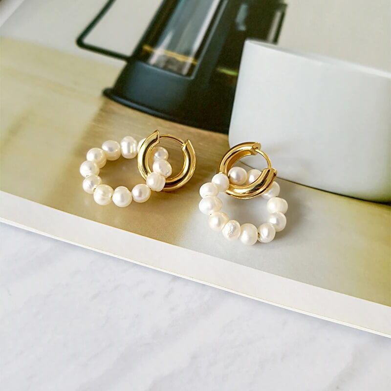 Orecchini a Doppio Cerchio con Perle, Placcati Oro 18K-Modaso