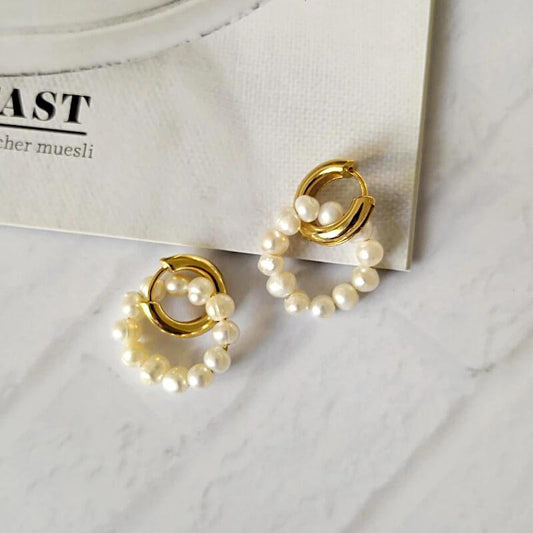 Orecchini a Doppio Cerchio con Perle, Placcati Oro 18K-Modaso