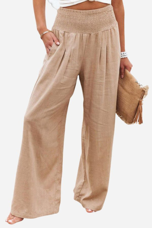 Pantaloni Palazzo | Vita arricciata | Vita alta | Pantaloni a gamba larga | Pantaloni a gamba larga da donna-Cachi-S-Modasso