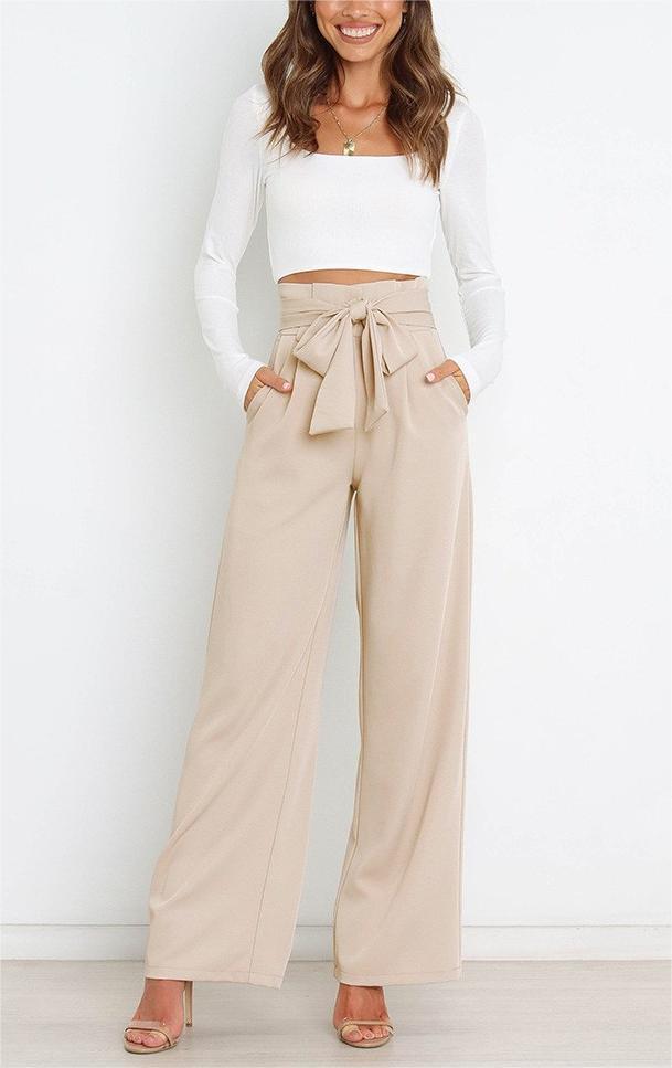 Pantaloni a gamba larga - Pantaloni eleganti a vita alta da donna a gamba larga-Albicocca-S-Modasso