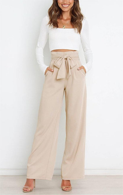 Pantaloni a gamba larga - Pantaloni eleganti a vita alta da donna a gamba larga-Albicocca-S-Modasso