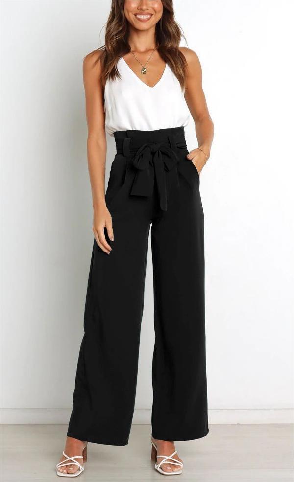 Pantaloni a gamba larga - Pantaloni eleganti a vita alta da donna a gamba larga-Nero-S-Modasso